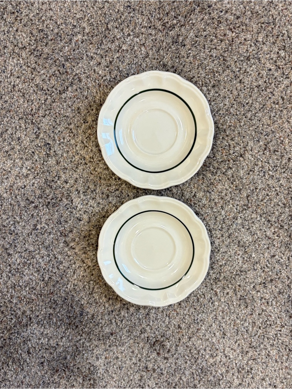 Pfaltzgraff Snow Village 2 Saucers Green Rim Scalloped Stoneware 5 1/8”